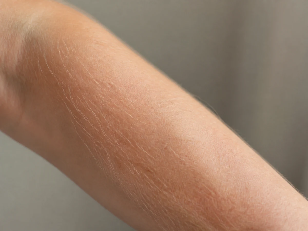 Gros plan de poils très clairs et blancs sur un avant-bras