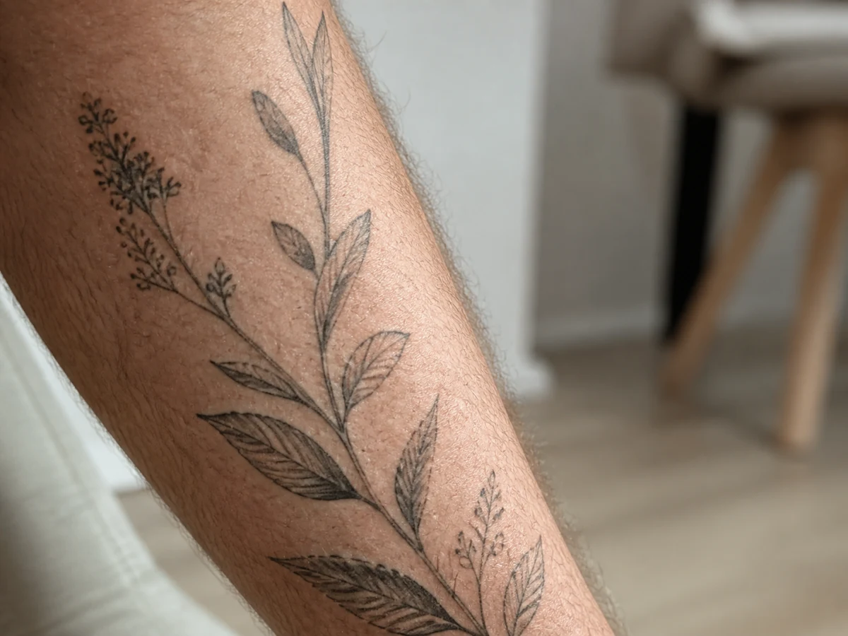 Gros plan d’une jambe tatouée avec sa pilosité naturelle visible