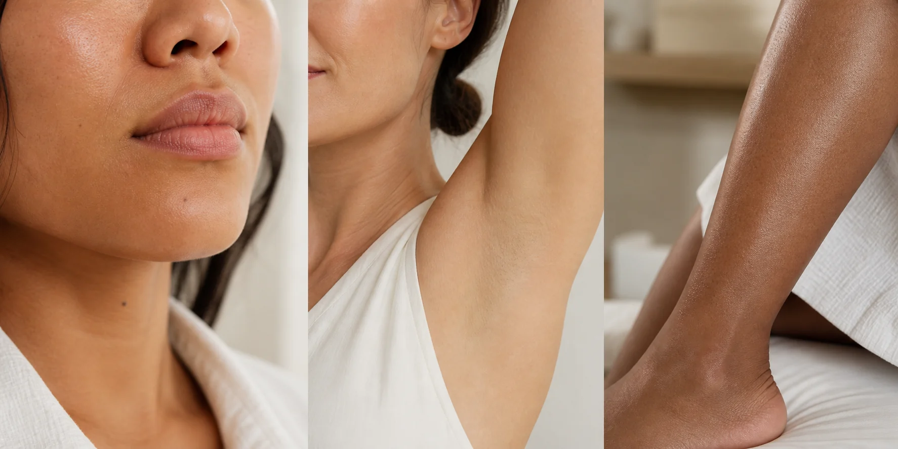 Trois zones épilables : visage, aisselle et jambe, sur différents phototypes
