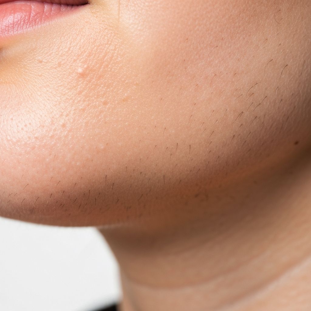 Macro de peau féminine montrant un duvet hormonal visible le long du menton et du cou